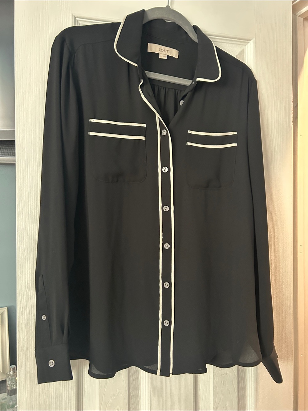 LOFT Black Button-Up Shirt with White Piping